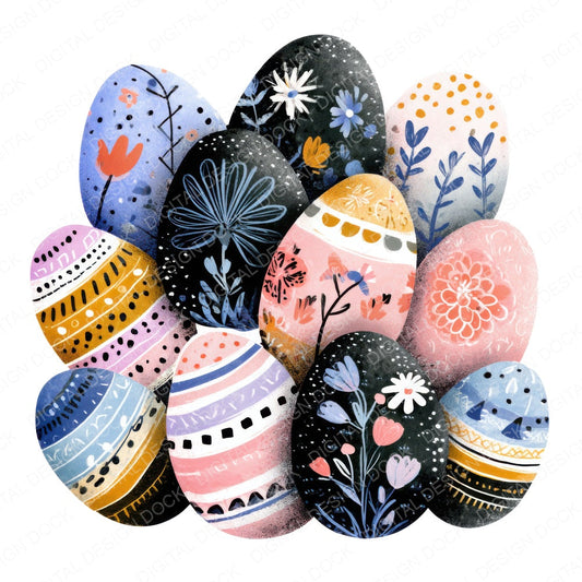 Floral Pattern Easter Eggs fussy cut sheet in US Letter format showing all 12 designs on one printable page