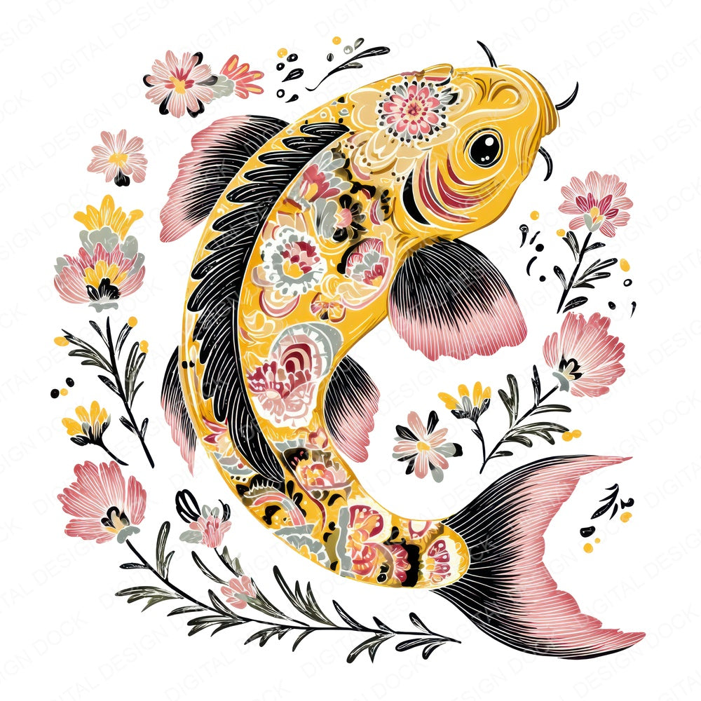 Floral Pattern Koi Carp fussy cut sheet in A4 format showing all 12 designs on one printable page