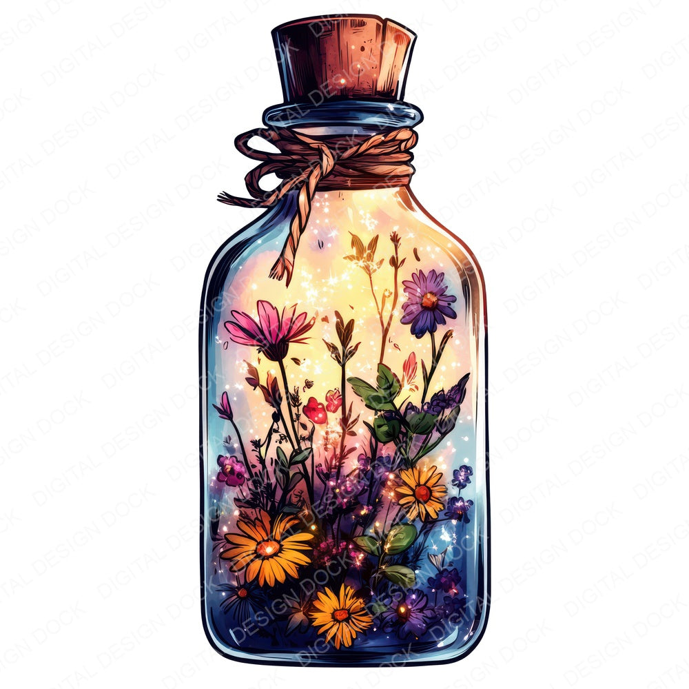 Floral Potion Bottle fussy cut sheet in US Letter format showing all 12 designs on one printable page