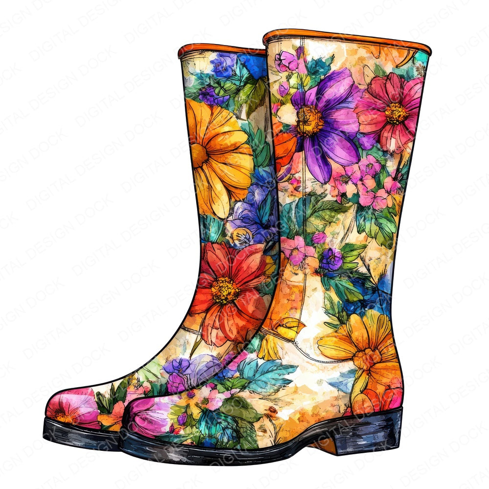 Floral Rain Boots fussy cut sheet in A4 format showing all 12 designs on one printable page