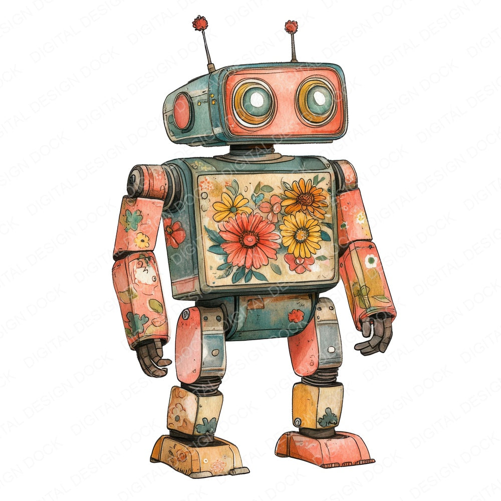 Floral Retro Robot fussy cut sheet in A4 format showing all 12 designs on one printable page