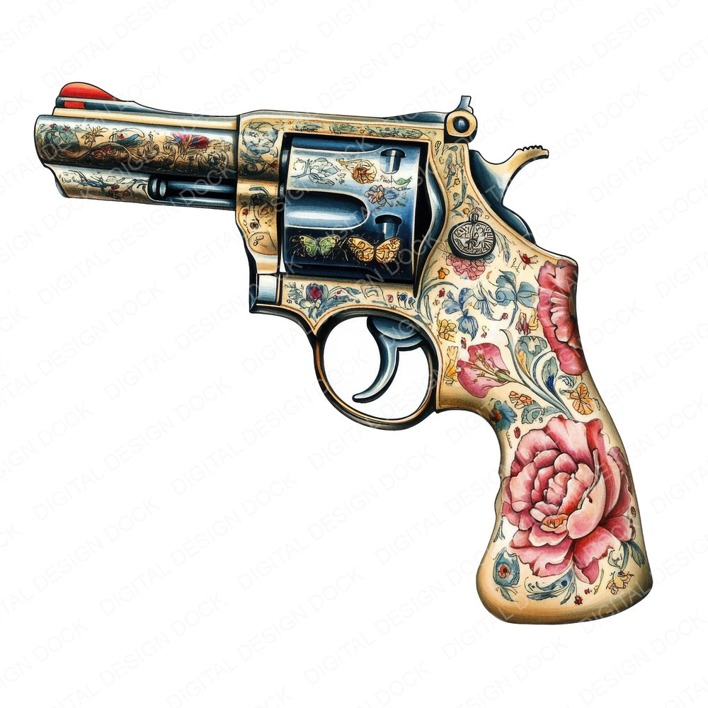Floral Revolver Gun fussy cut sheet in A4 format showing all 12 designs on one printable page