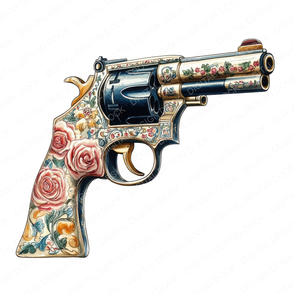Floral Revolver Gun fussy cut sheet in US Letter format showing all 12 designs on one printable page