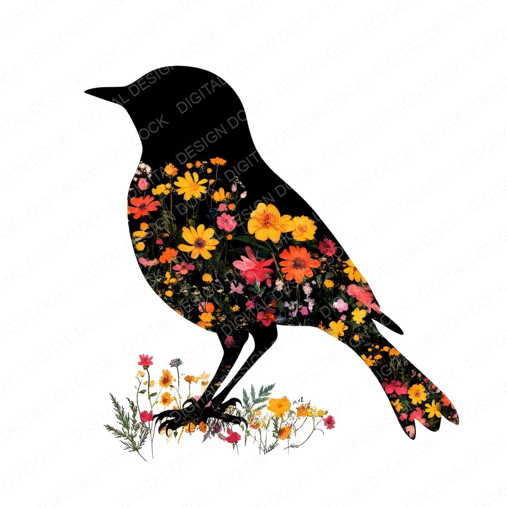 Floral Robin Silhouette fussy cut sheet in A4 format showing all 12 designs on one printable page