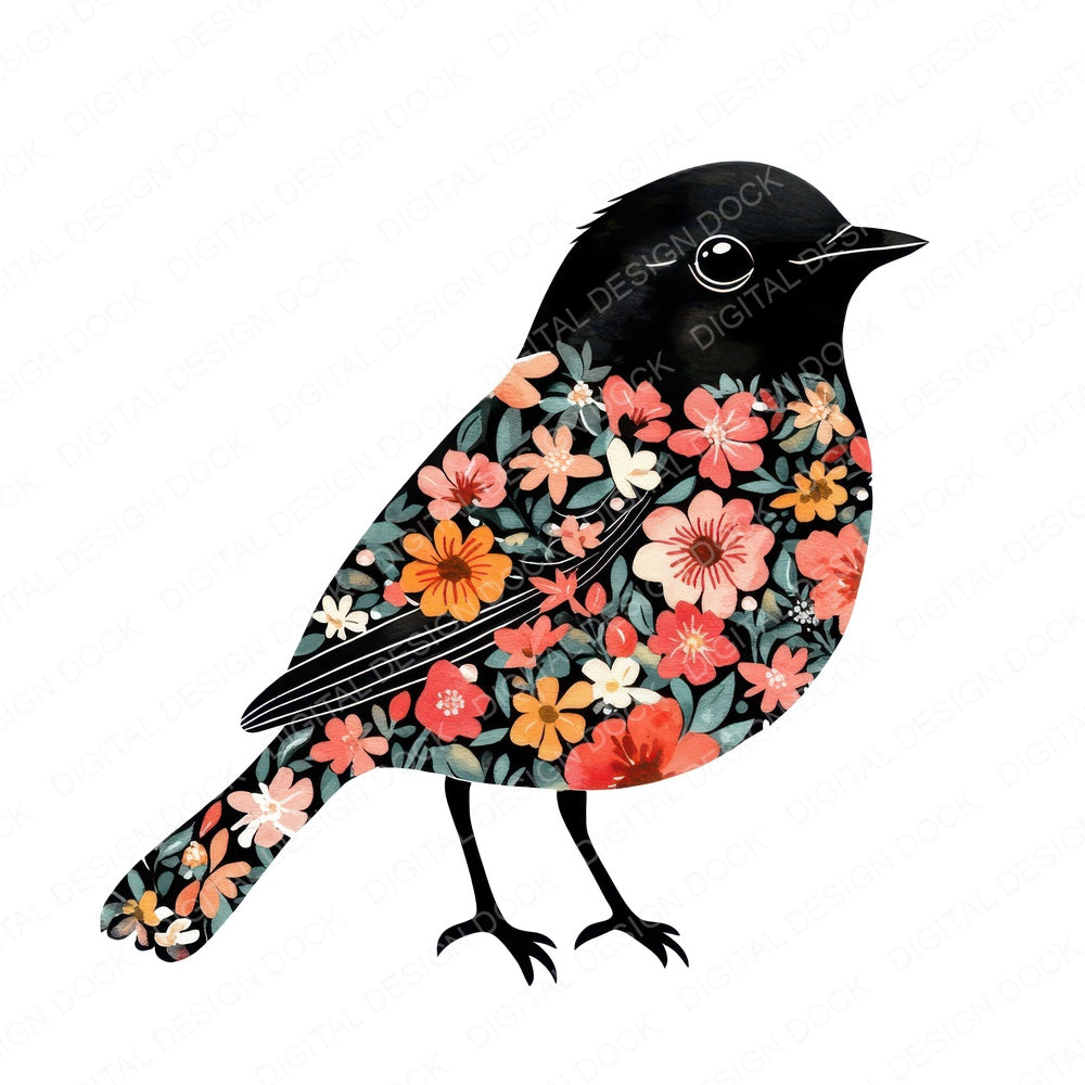 Floral Robin Silhouette fussy cut sheet in US Letter format showing all 12 designs on one printable page