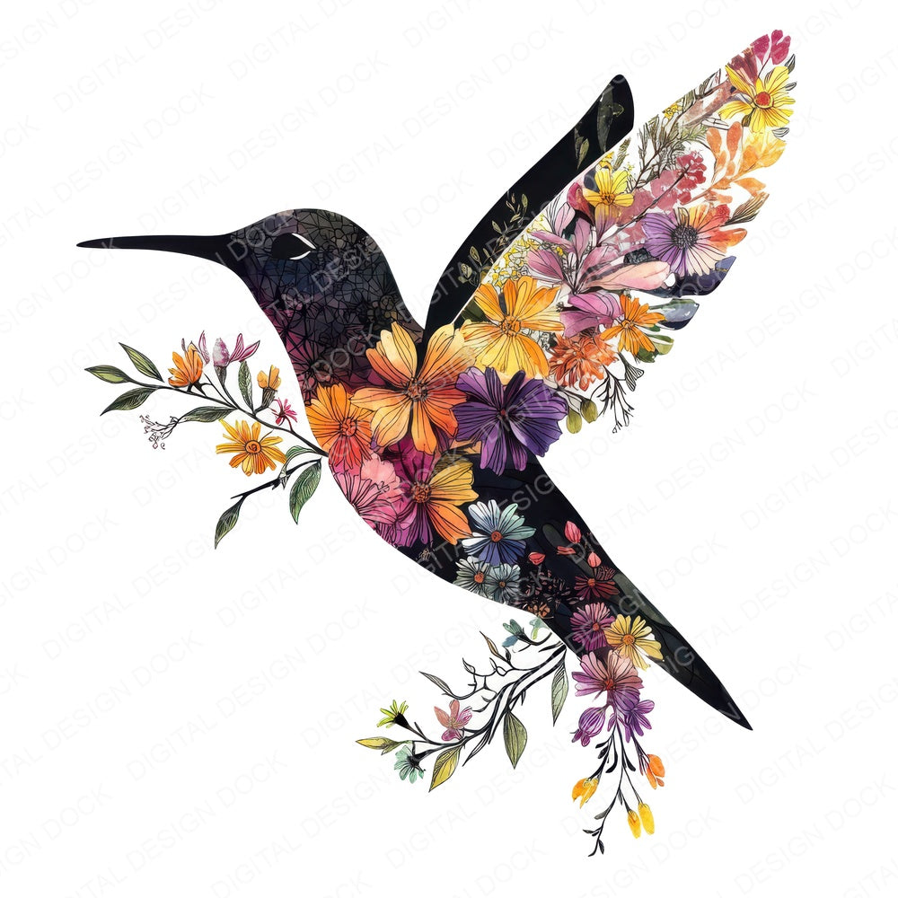 Floral Silhouette Hummingbird fussy cut sheet in A4 format showing all 12 designs on one printable page