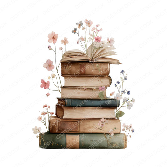 Floral Stack of Books fussy cut sheet in A4 format showing all 12 designs on one printable page