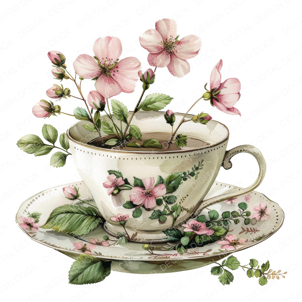 Floral Teacup fussy cut sheet in A4 format showing all 12 designs on one printable page