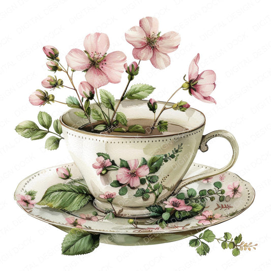 Floral Teacup fussy cut sheet in A4 format showing all 12 designs on one printable page