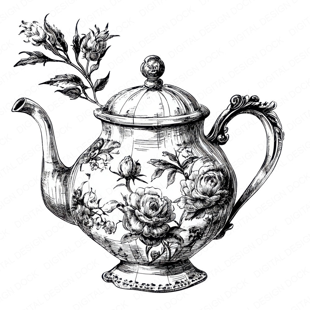 Floral Teapot Sketch fussy cut sheet in A4 format showing all 12 designs on one printable page