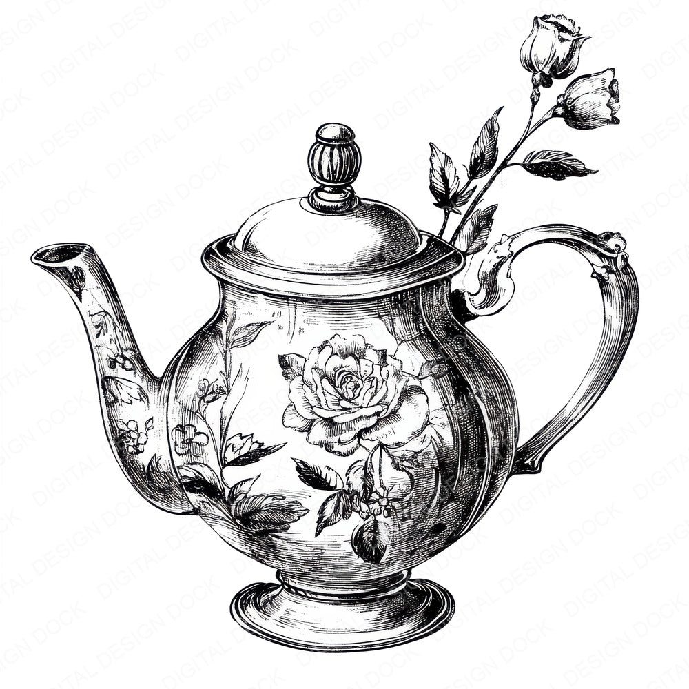 Floral Teapot Sketch fussy cut sheet in US Letter format showing all 12 designs on one printable page