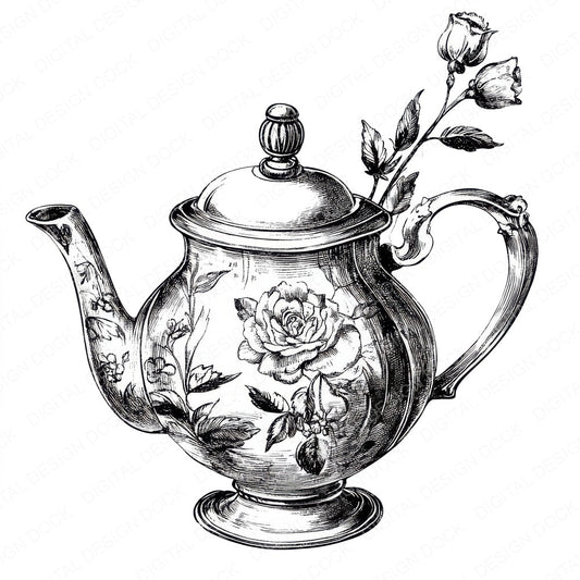 Floral Teapot Sketch fussy cut sheet in US Letter format showing all 12 designs on one printable page