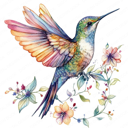 Floral Trailed Hummingbird fussy cut sheet in US Letter format showing all 12 designs on one printable page