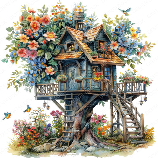 Floral Tree House fussy cut sheet in A4 format showing all 12 designs on one printable page