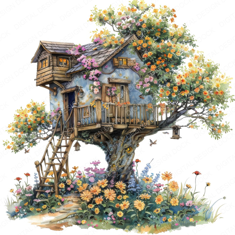 Floral Tree House fussy cut sheet in US Letter format showing all 12 designs on one printable page
