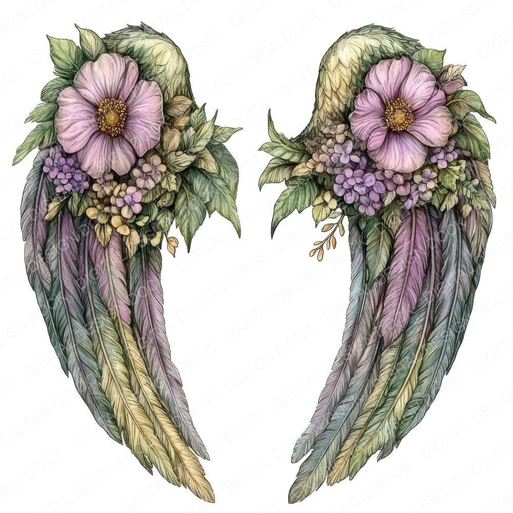 Floral Vine Angel Wings fussy cut sheet in A4 format showing all 12 designs on one printable page