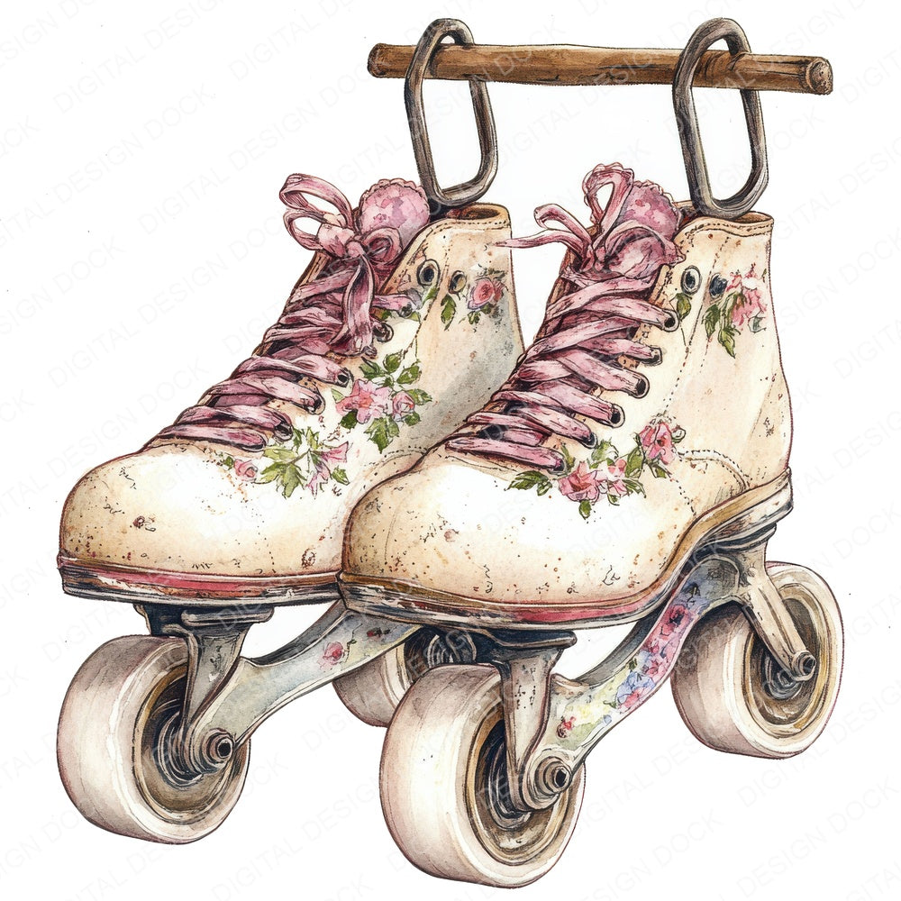 Floral Vintage Roller Skates fussy cut sheet in A4 format showing all 12 designs on one printable page