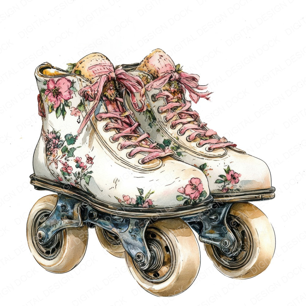 Floral Vintage Roller Skates fussy cut sheet in US Letter format showing all 12 designs on one printable page