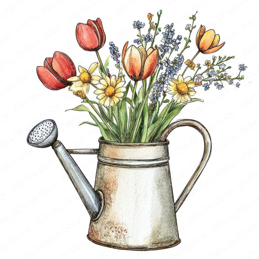 Floral Watering Can fussy cut sheet in A4 format showing all 12 designs on one printable page