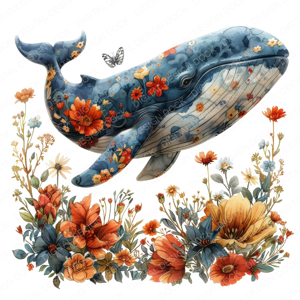 Floral Whale fussy cut sheet in A4 format showing all 12 designs on one printable page