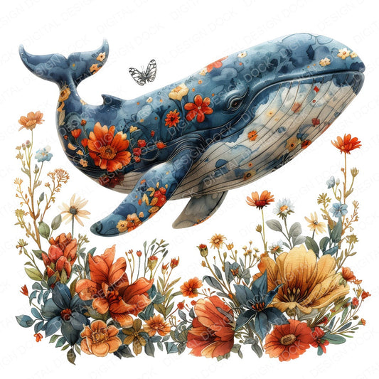 Floral Whale fussy cut sheet in A4 format showing all 12 designs on one printable page