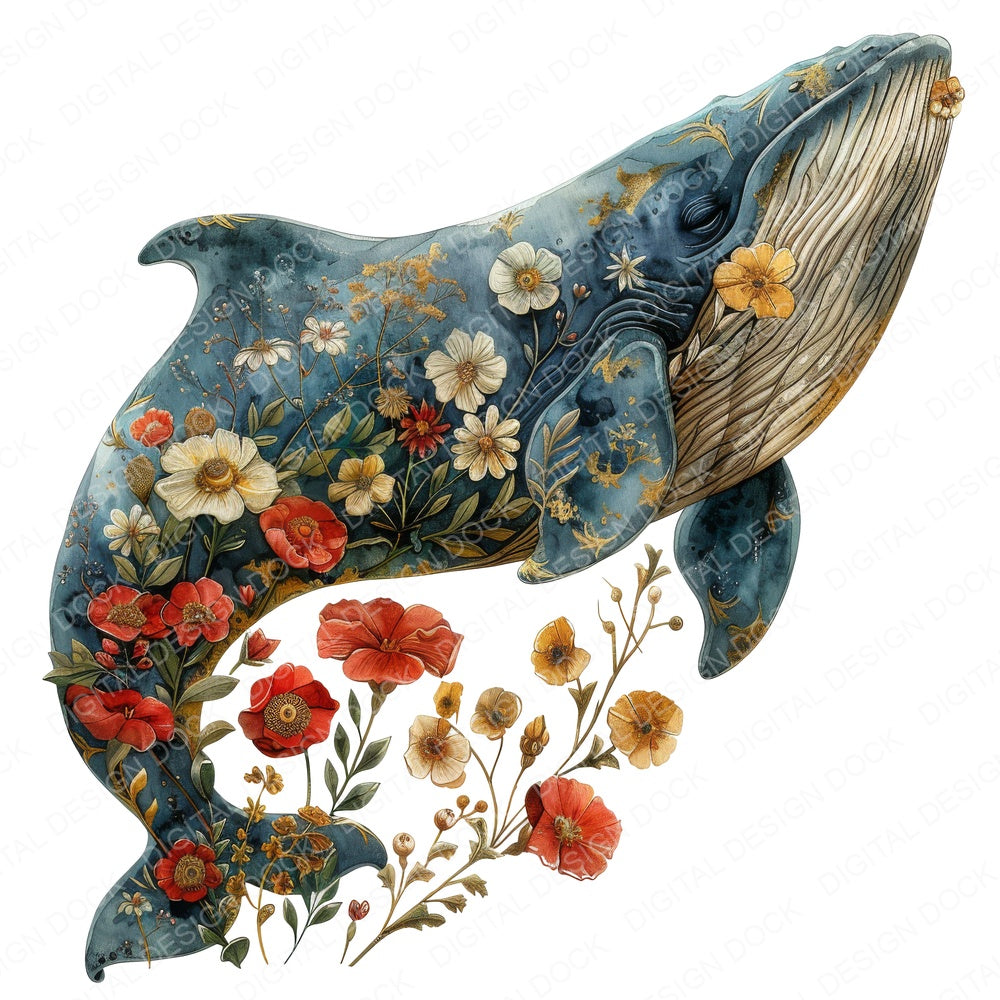 Floral Whale fussy cut sheet in US Letter format showing all 12 designs on one printable page