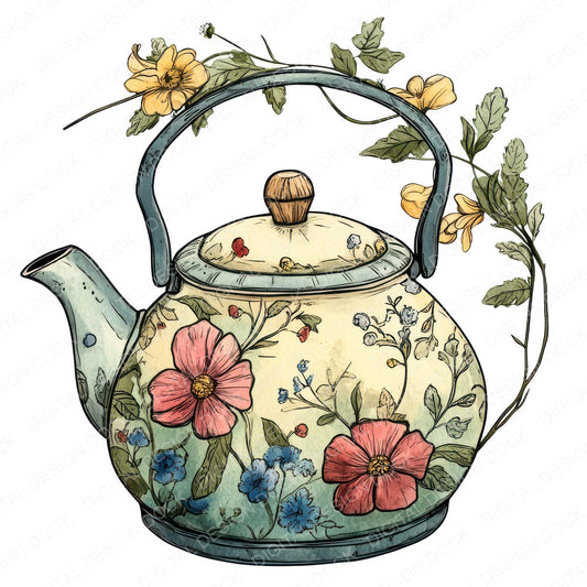 Floral Wrapped Tea Kettle fussy cut sheet in A4 format showing all 12 designs on one printable page
