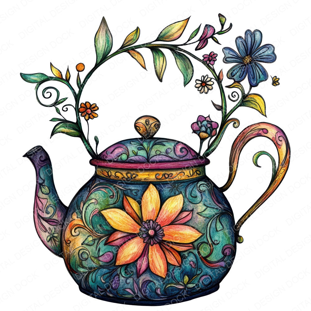 Floral Wrapped Tea Kettle fussy cut sheet in US Letter format showing all 12 designs on one printable page