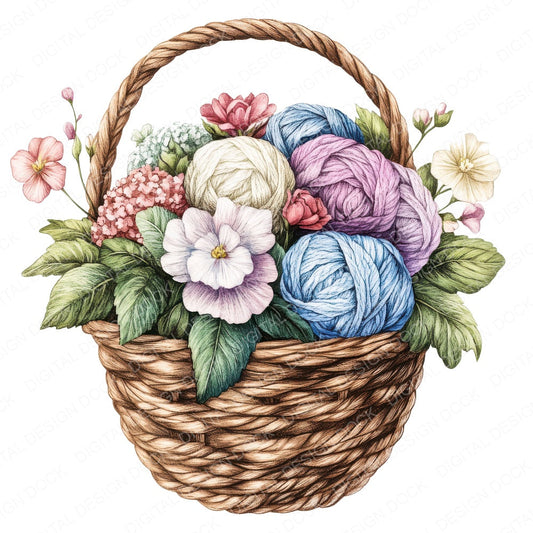 Floral Yarn Basket fussy cut sheet in A4 format showing all 12 designs on one printable page