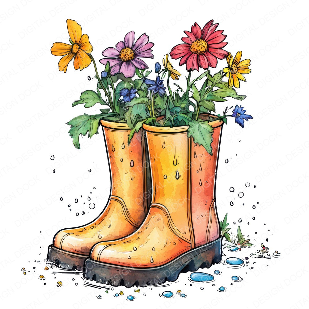 Flower Filled Rain Boots fussy cut sheet in A4 format showing all 12 designs on one printable page