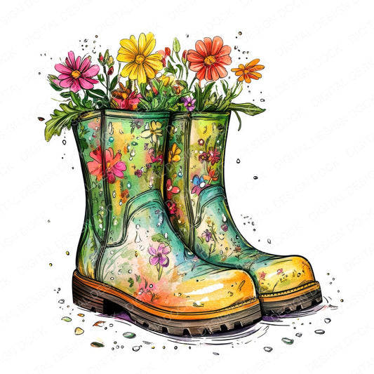 Flower Filled Rain Boots fussy cut sheet in US Letter format showing all 12 designs on one printable page