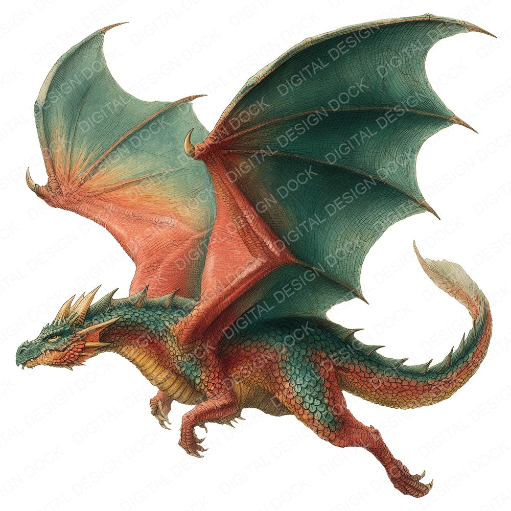 Flying Realistic Dragon fussy cut sheet in US Letter format showing all 12 designs on one printable page