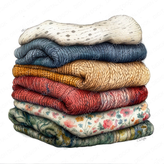 Folded Cozy Sweaters fussy cut sheet in US Letter format showing all 12 designs on one printable page