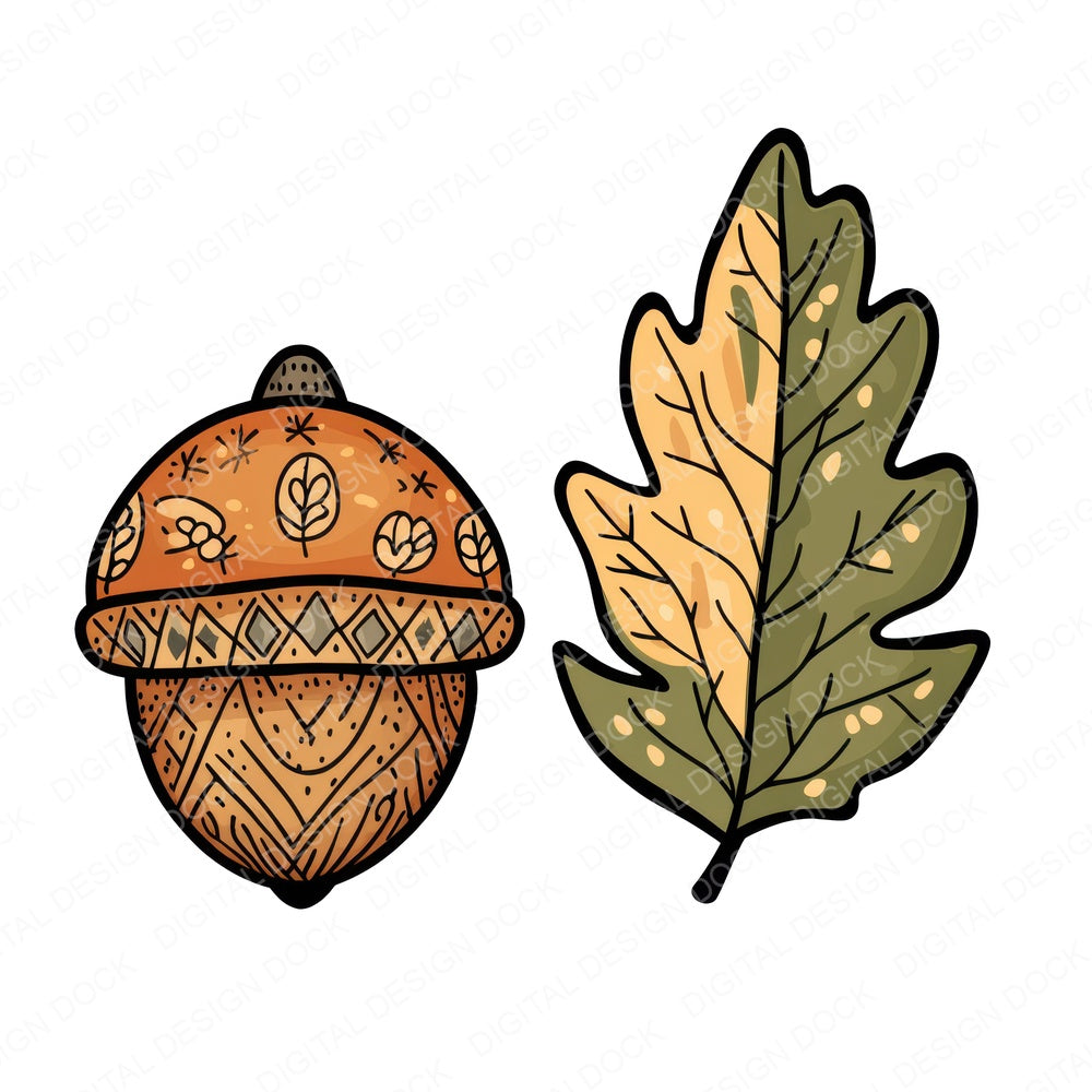 Folk Acorn and Leaf fussy cut sheet in A4 format showing all 12 designs on one printable page