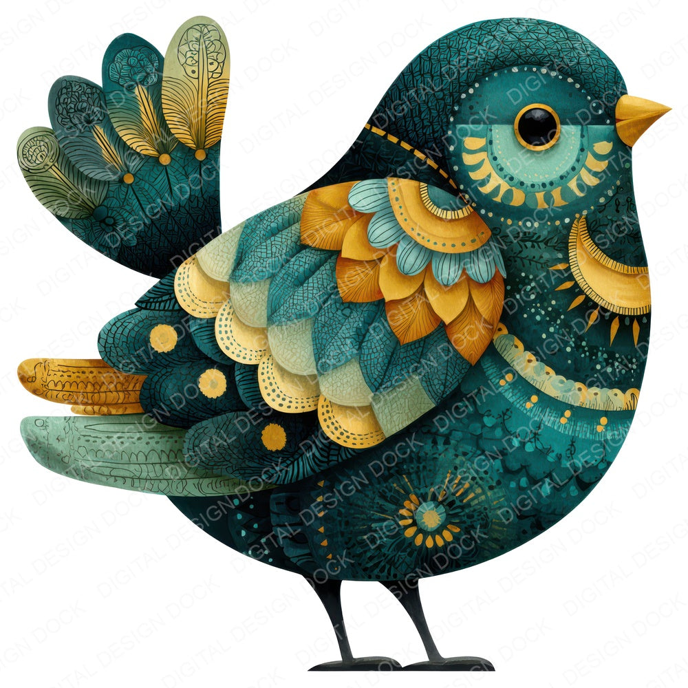 Folk Art Bird fussy cut sheet in US Letter format showing all 12 designs on one printable page