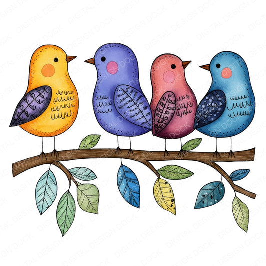 Folk Art Birds on Branch fussy cut sheet in A4 format showing all 12 designs on one printable page