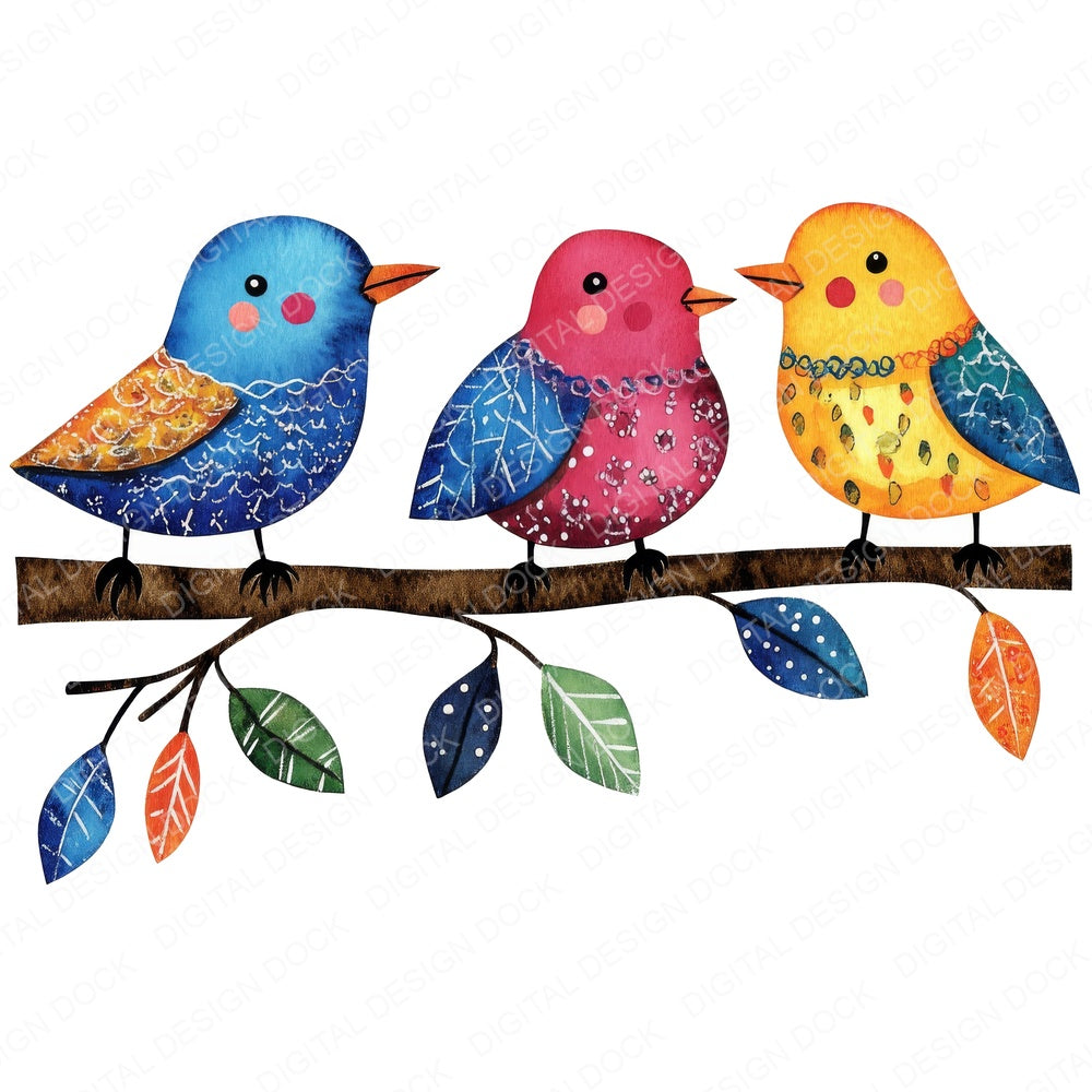 Folk Art Birds on Branch fussy cut sheet in US Letter format showing all 12 designs on one printable page