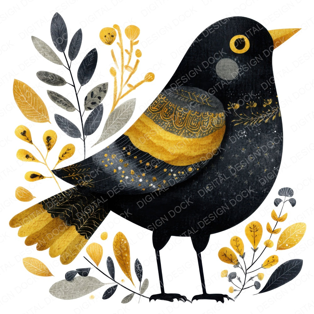 Folk Art Blackbird fussy cut sheet in A4 format showing all 12 designs on one printable page