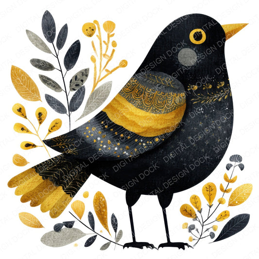 Folk Art Blackbird fussy cut sheet in A4 format showing all 12 designs on one printable page