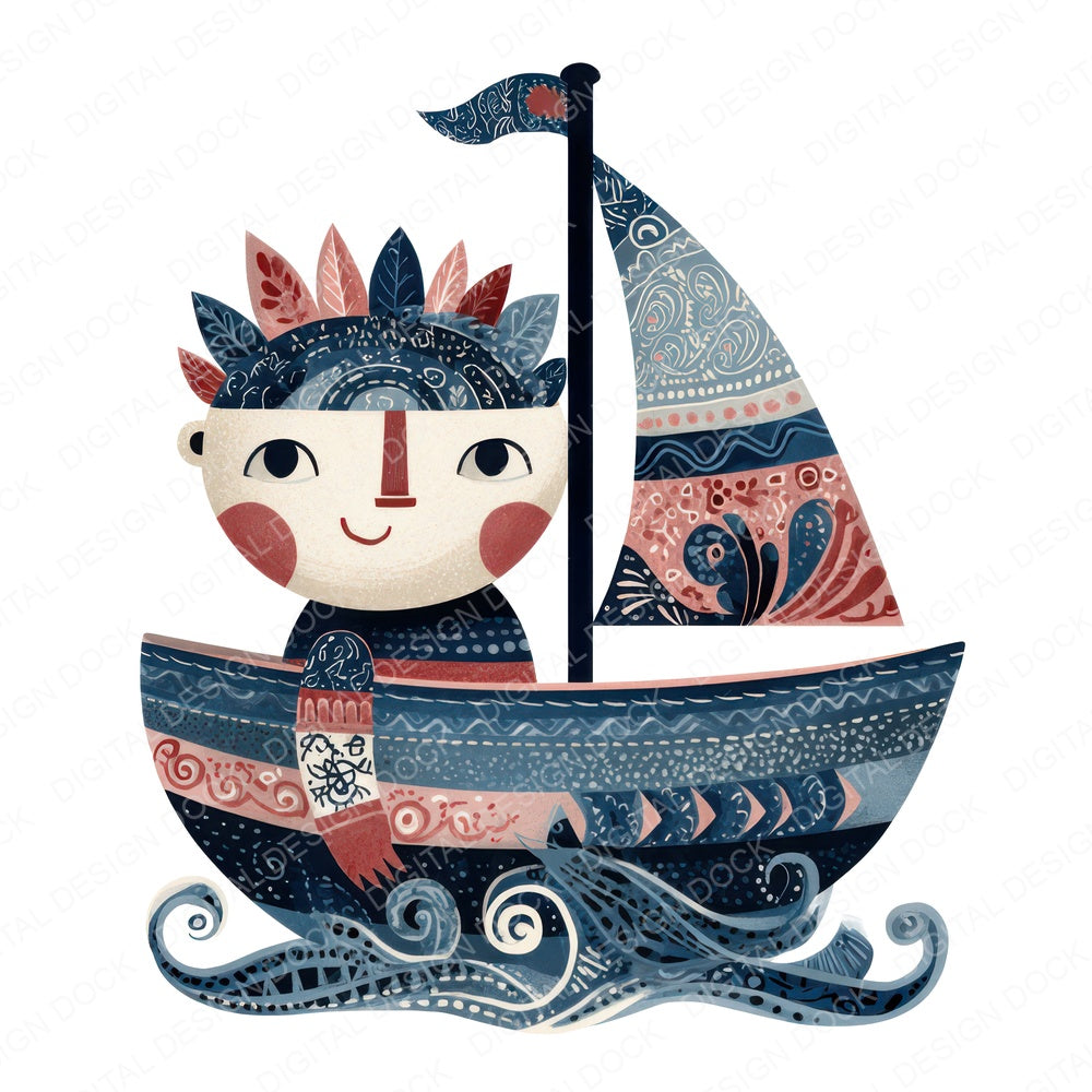 Folk Art Boat Character fussy cut sheet in A4 format showing all 12 designs on one printable page