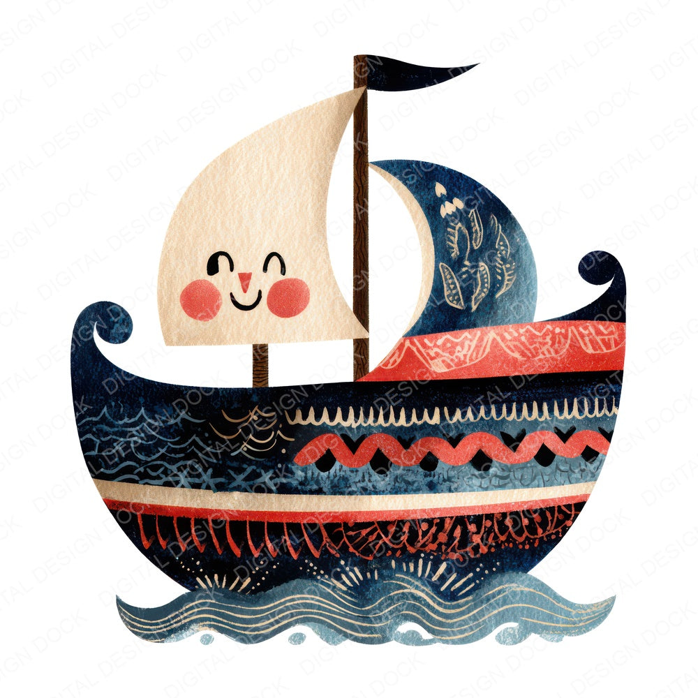 Folk Art Boat Character fussy cut sheet in US Letter format showing all 12 designs on one printable page
