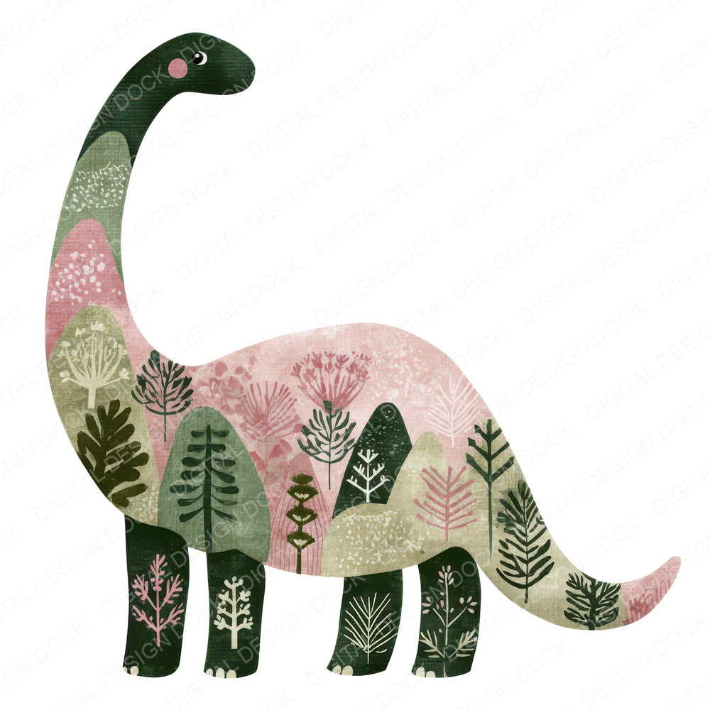 Folk Art Brontosaurus fussy cut sheet in US Letter format showing all 12 designs on one printable page