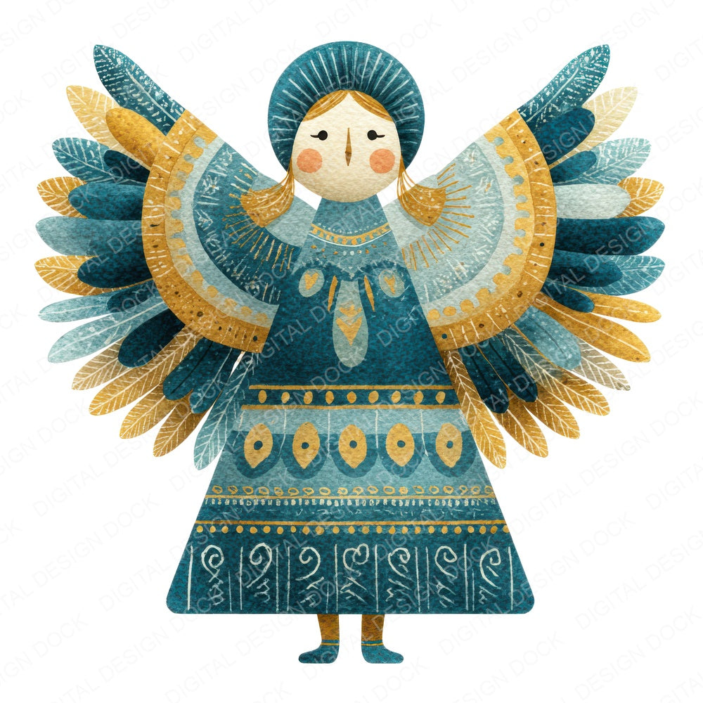 Folk Art Christmas Angel fussy cut sheet in A4 format showing all 12 designs on one printable page