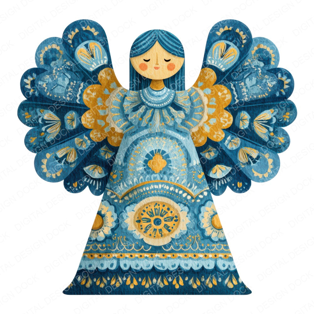 Folk Art Christmas Angel fussy cut sheet in US Letter format showing all 12 designs on one printable page