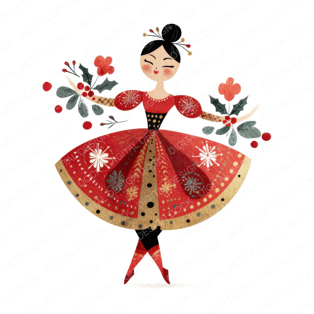 Folk Art Christmas Ballerina fussy cut sheet in A4 format showing all 12 designs on one printable page