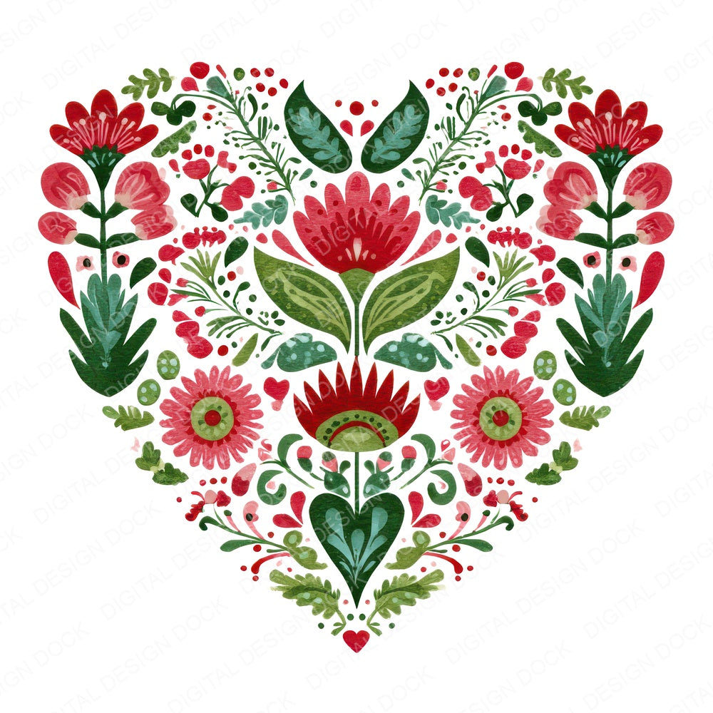 Folk Art Christmas Heart fussy cut sheet in A4 format showing all 12 designs on one printable page