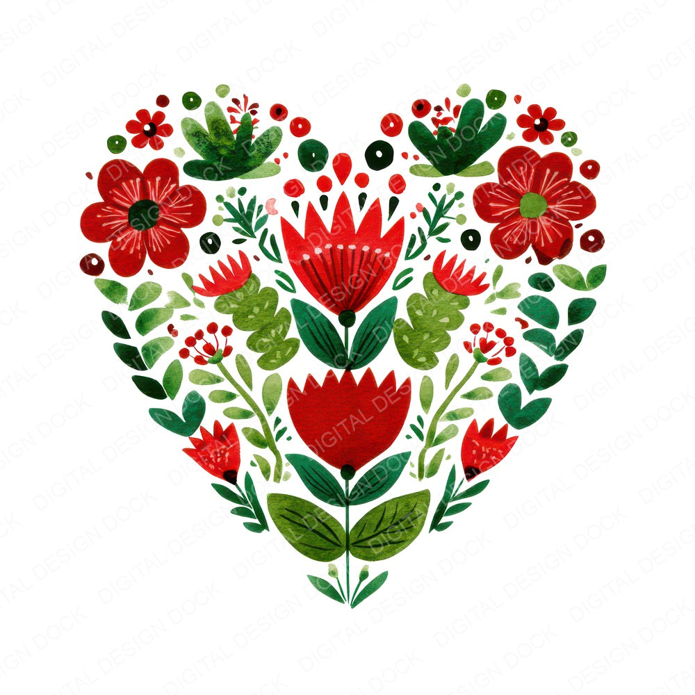 Folk Art Christmas Heart fussy cut sheet in US Letter format showing all 12 designs on one printable page