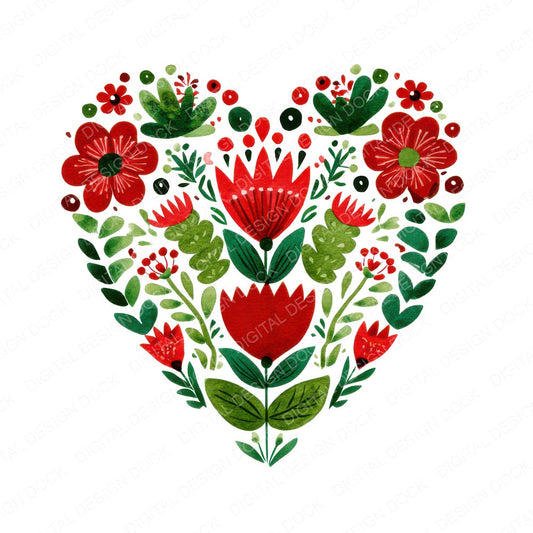 Folk Art Christmas Heart fussy cut sheet in US Letter format showing all 12 designs on one printable page