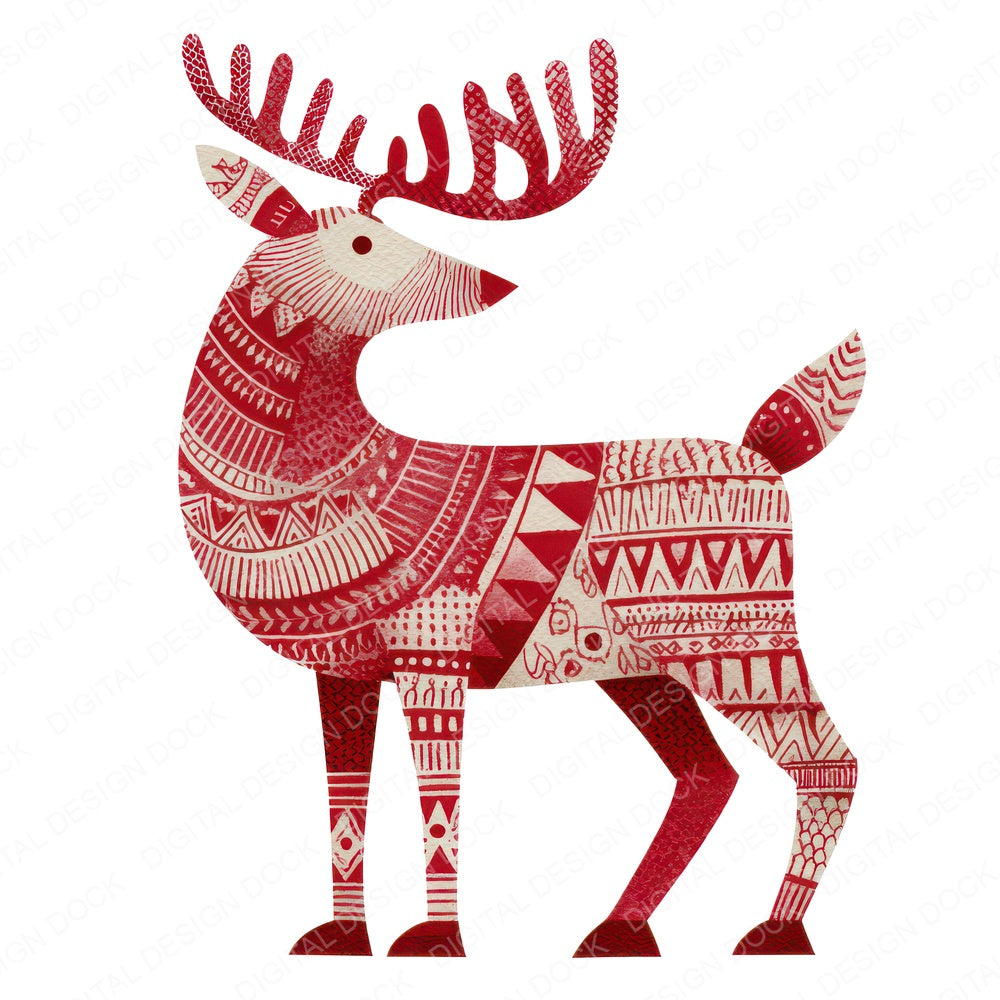 Folk Art Christmas Reindeer fussy cut sheet in A4 format showing all 12 designs on one printable page