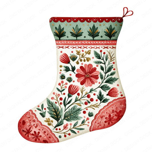 Folk Art Christmas Stocking fussy cut sheet in A4 format showing all 12 designs on one printable page